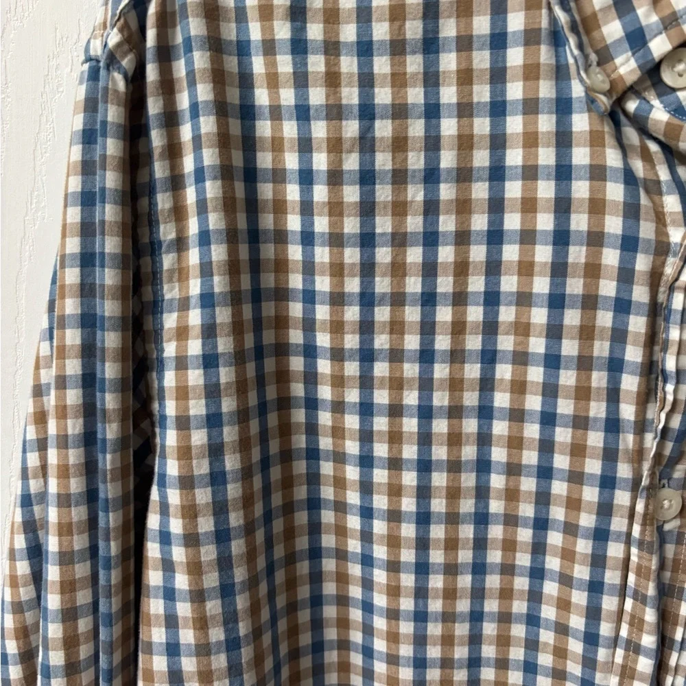 J. Crew Men's Blue and Tan Plaid Shirt Size Medium